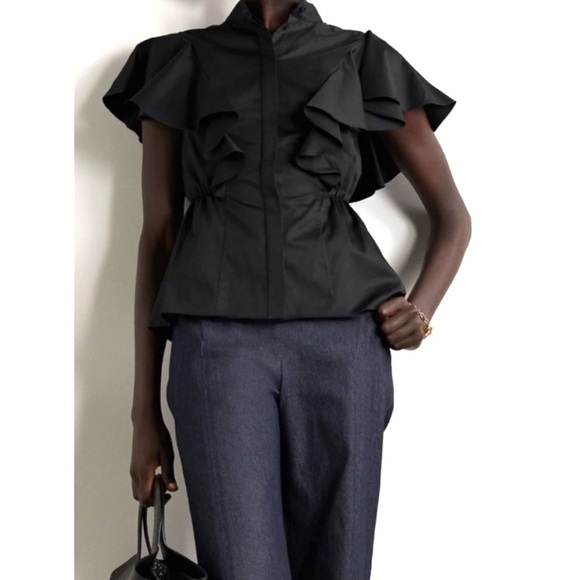 Adam LIPPES Ruffled cotton-poplin short sleeve button down blouse top size 12 - Picture 9 of 16